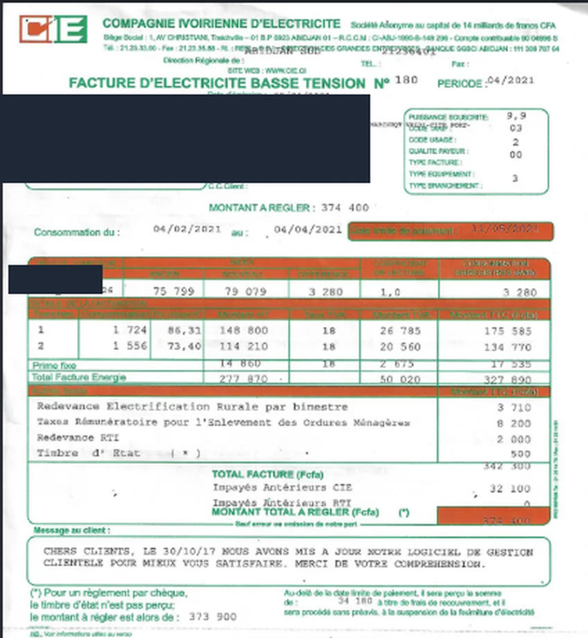 Facture d'électricité basse tension : index, prime fixe, redevances et montant à régler.